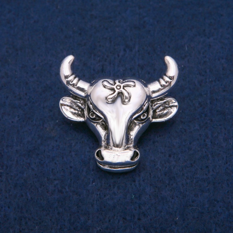 Bull Head Brooch, Silver-tone Metal, 34x35mm