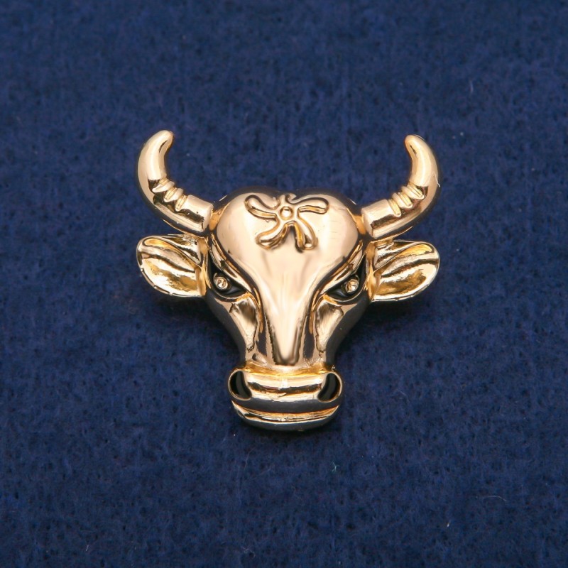 Bull Head Brooch, Gold-tone Metal, 34x35mm