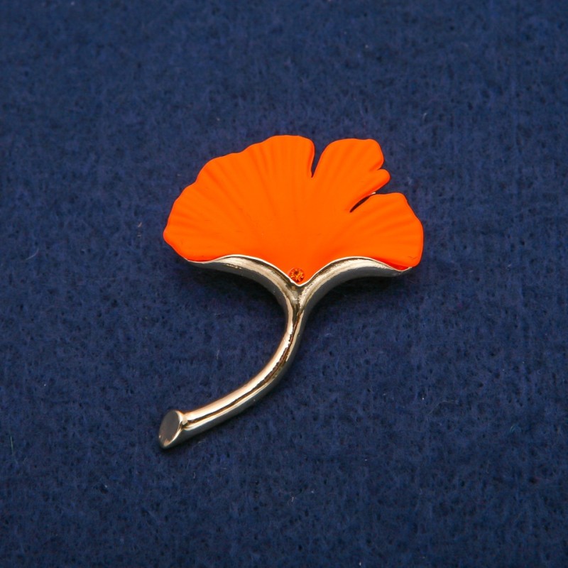 Leaf Brooch, Orange Matte Enamel, Gold-Tone Metal, 33x47mm