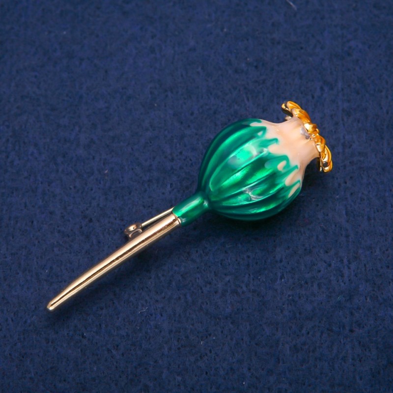 Makovei Brooch, Green Enamel, Gold-Tone Metal, 20x65mm