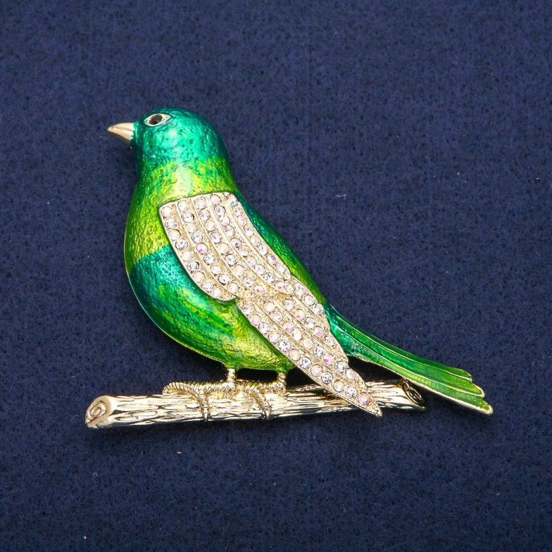 Nightingale Brooch Pendant with Green Enamel and White Rhinestones, Gold-tone Metal 58x70mm