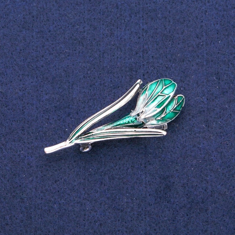 Flower Brooch-Pendant, Green Enamel, Silver-Tone Metal, 25x50mm