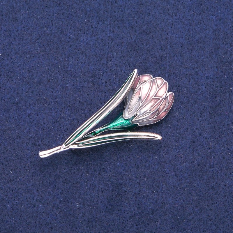 Flower Brooch-Pendant, Lilac and Green Enamel, Silver-Tone Metal, 25x50mm