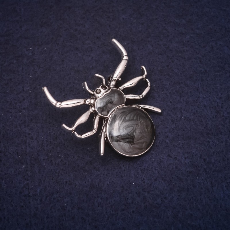 Spider Brooch, Rhinestones, Black Enamel, Silver-Tone Metal, 40x40mm