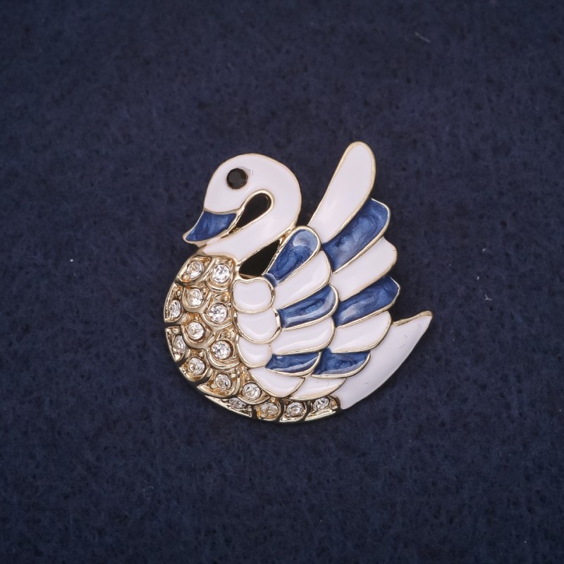 Swan Brooch, White-Blue Enamel, Gold-tone Metal, 30x28mm