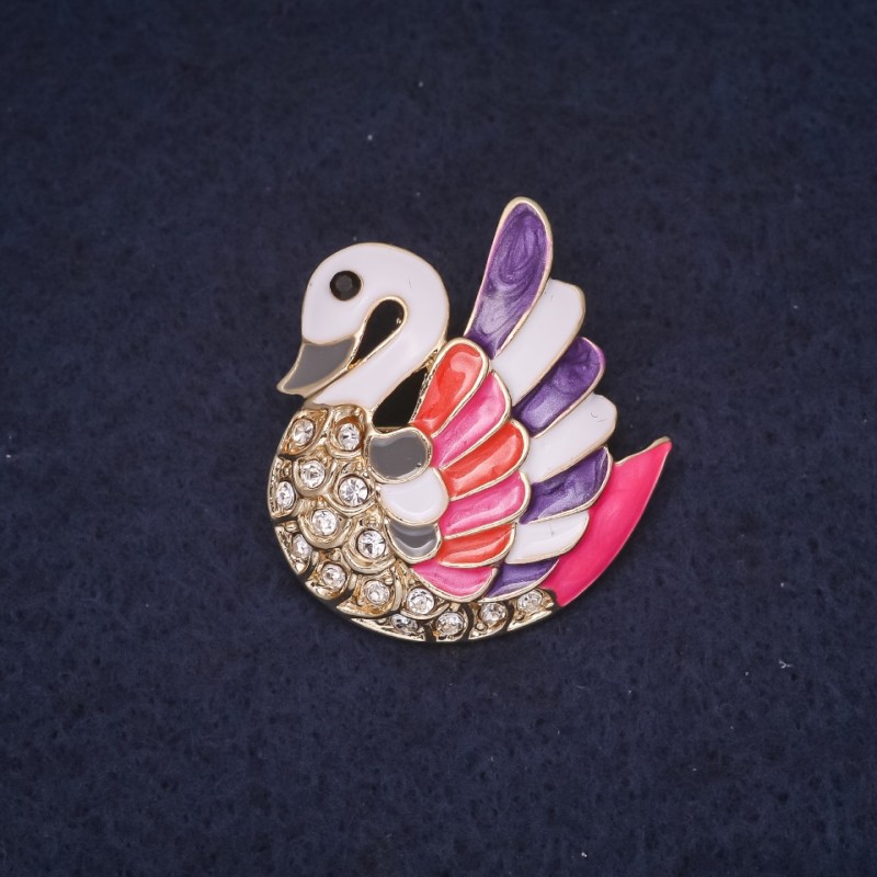 Swan Brooch, Multicolour Enamel, Gold-Tone Metal, 30x28mm