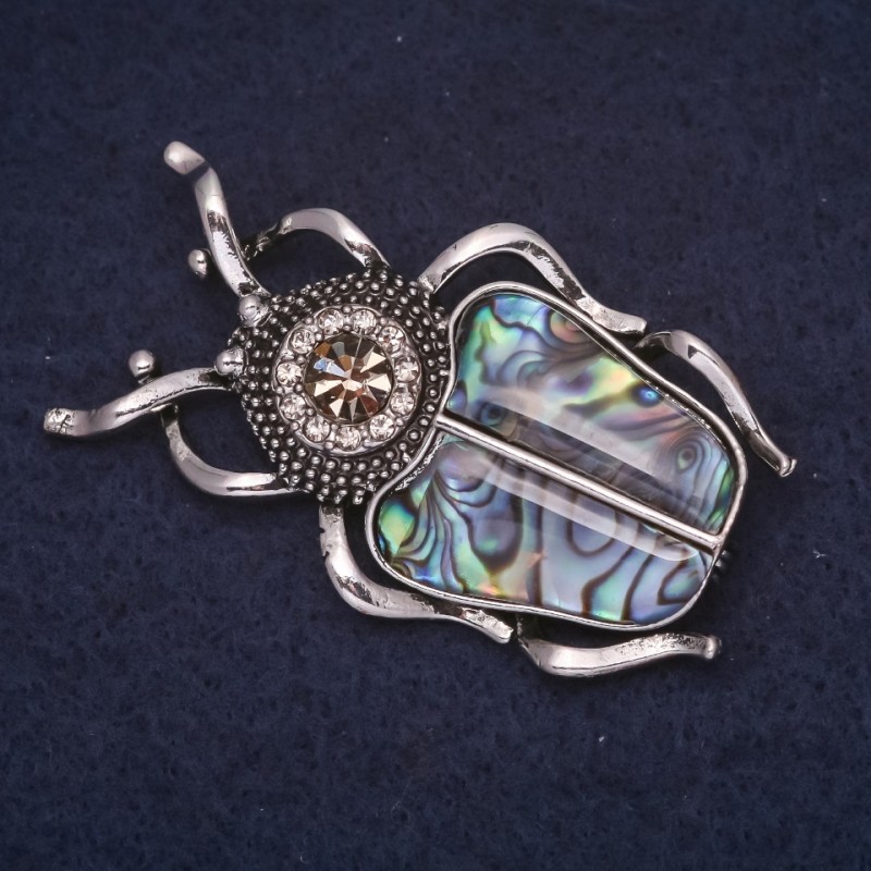 Scarab Beetle Brooch, 50x30mm, Satin Rhinestones, Green Abalone, Silver-Tone Metal