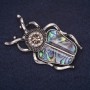 Scarab Beetle Brooch, 50x30mm, Satin Rhinestones, Green Abalone, Silver-Tone Metal