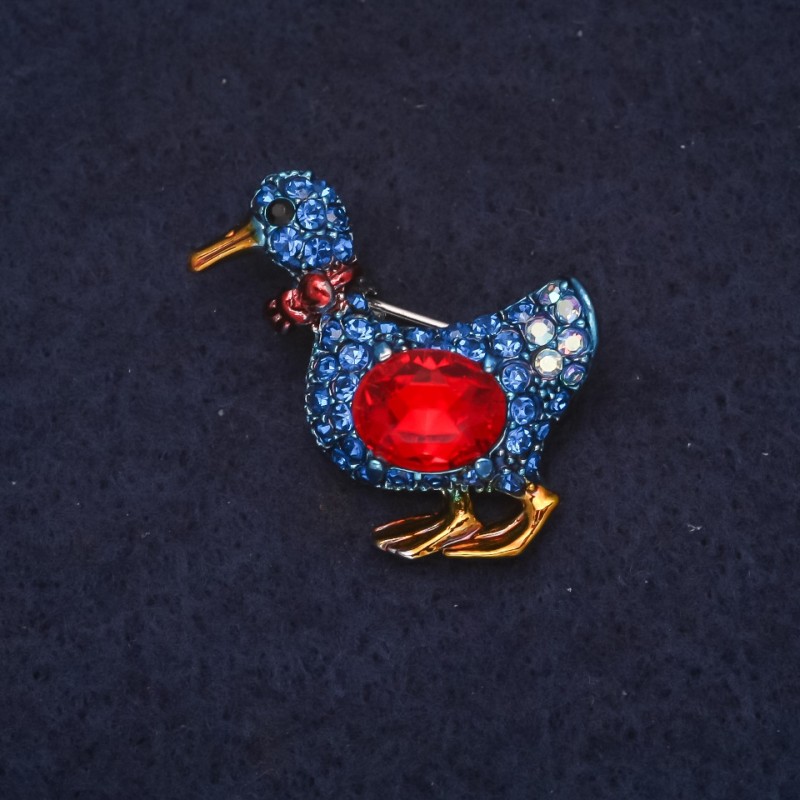 Duckling Brooch, Blue Rhinestones, Red Crystal, 24x30mm