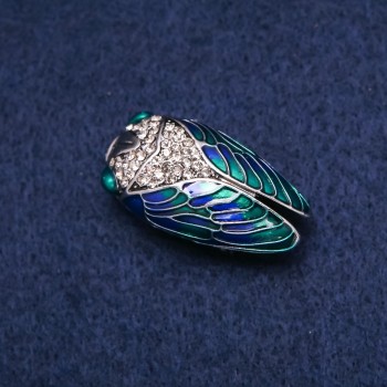 Cicada Insect Brooch with Enamel and Rhinestones, Silver-Tone Metal 19x35mm