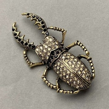 May Bug Brooch with Rhinestones, Gold-Tone Metal 28x57mm
