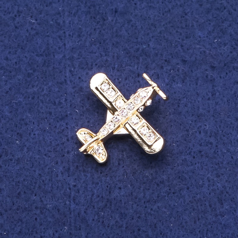 Aeroplane Brooch with Rhinestones Gold-Tone Metal 28x28mm