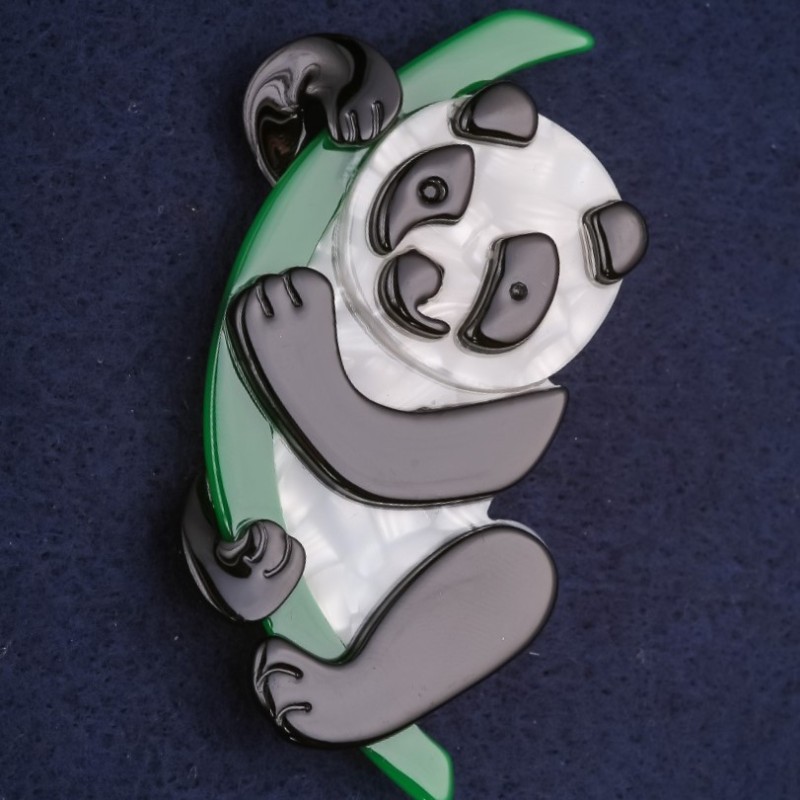 Panda Brooch, Plastic, White Black Green, 74x40mm