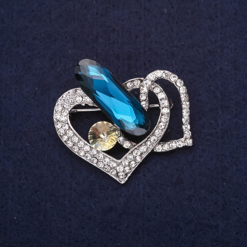 Hearts Brooch with Rhinestones and Stone White Blue Yellow 38x36mm Silver-Tone Metal