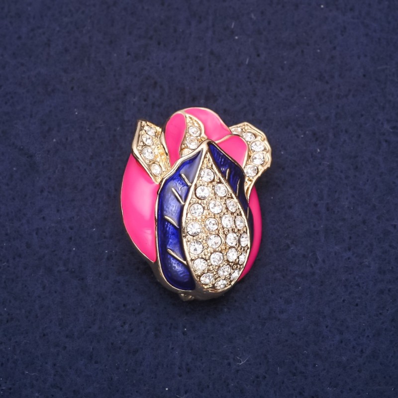 Bud Brooch with Rhinestones and Enamel, Raspberry Purple White, 32x26mm, Gold-Tone Metal