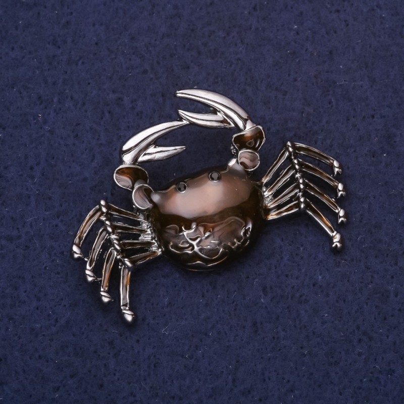 Crab Brooch Enamel Brown Colour 46x30mm Silver-Tone Metal