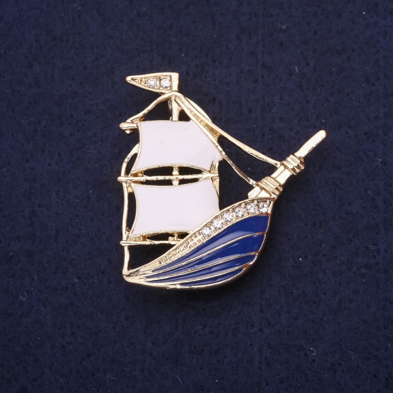 Ship Brooch Gold-Tone Metal & Enamel with Rhinestones 37x40mm +