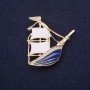 Ship Brooch Gold-Tone Metal & Enamel with Rhinestones 37x40mm +