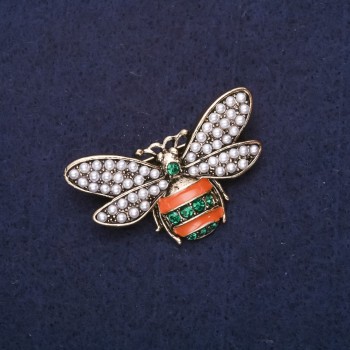 Bee Brooch with Pearl Beads, Rhinestones, Brown Green White Enamel, 40x24mm, Gold-Tone Metal