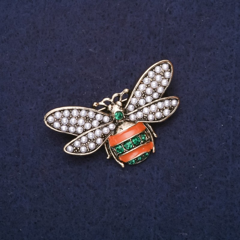 Bee Brooch with Pearl Beads, Rhinestones, Brown Green White Enamel, 40x24mm, Gold-Tone Metal