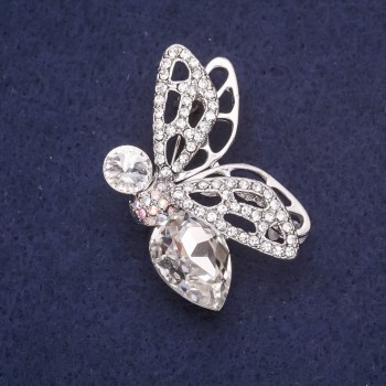 Butterfly Brooch with Rhinestones and White Stones, 45x29mm, Silver-Tone Metal