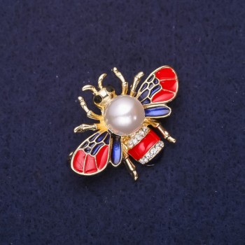 Bee Brooch with Pearl Bead, Rhinestones, Red Blue White Enamel, 35x25mm, Gold-Tone Metal