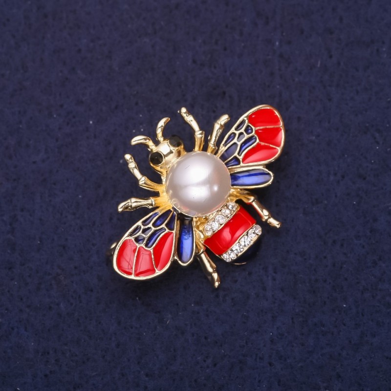 Bee Brooch with Pearl Bead, Rhinestones, Red Blue White Enamel, 35x25mm, Gold-Tone Metal