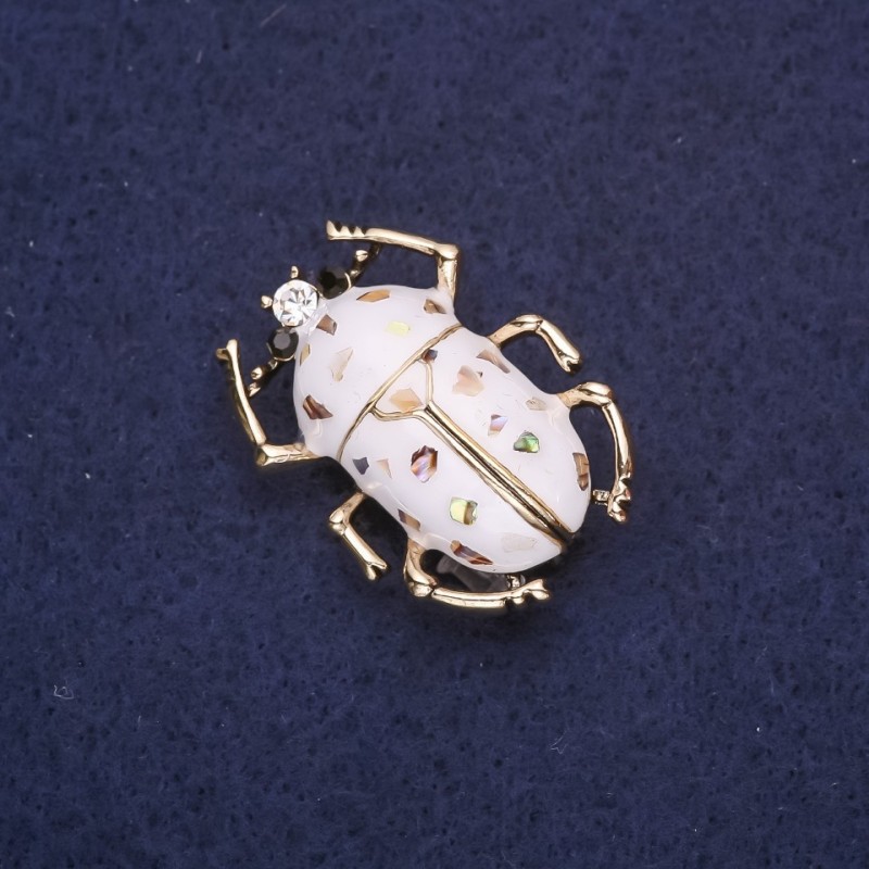 Beetle Brooch White Enamel & Abalone 33x24mm Yellow Metal