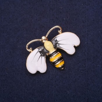 Bee Butterfly Brooch, Enamel, White-Yellow-Grey-Black Colour, 41x30mm, Gold-Tone Metal