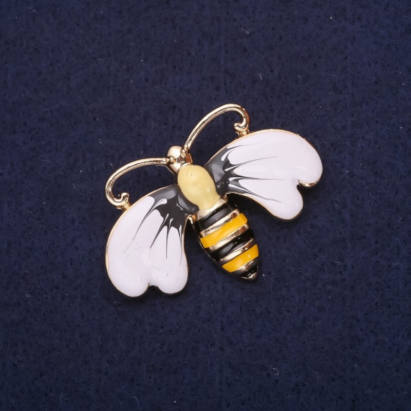 Bee Butterfly Brooch, Enamel, White-Yellow-Grey-Black Colour, 41x30mm, Gold-Tone Metal