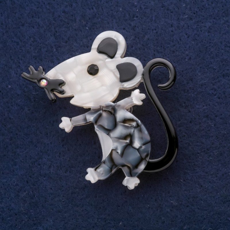 Mother-of-Pearl Mouse Brooch, Grey Metal, 52x48mm