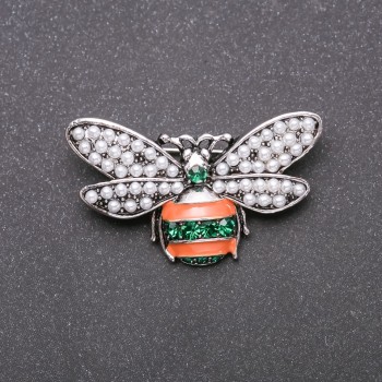 Bee Brooch, Green and Orange Enamel, Grey Metal, 40x25mm