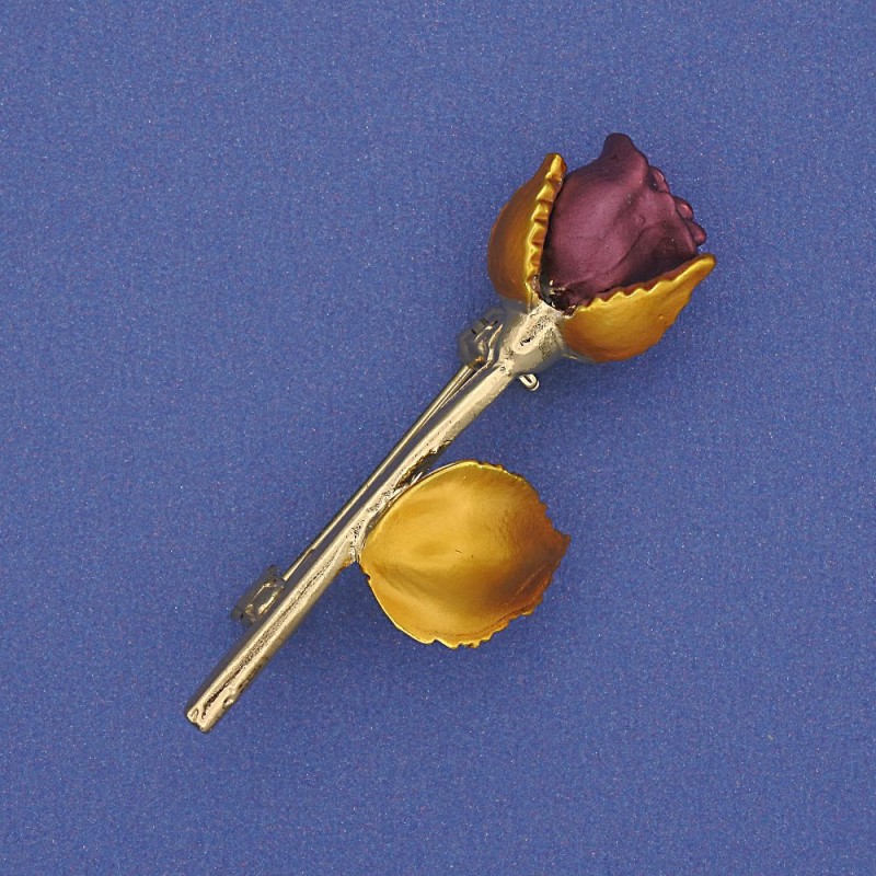 Rose Brooch Burgundy and Yellow Enamel Gold-Tone Metal 42x16mm
