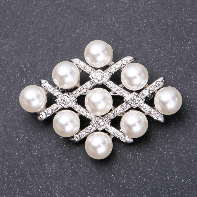 Pearl Rhombus Brooch “White Silver” Metal Colour 40x58mm
