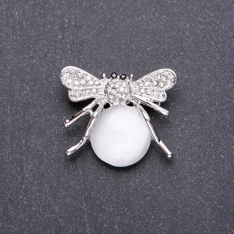 Butterfly Brooch with Natural White Cat's Eye Stone, White Metal, 35x30mm