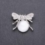 Butterfly Brooch with Natural White Cat's Eye Stone, White Metal, 35x30mm