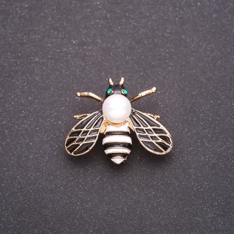 Butterfly Brooch, White and Black Enamel 33x28mm, Yellow Metal