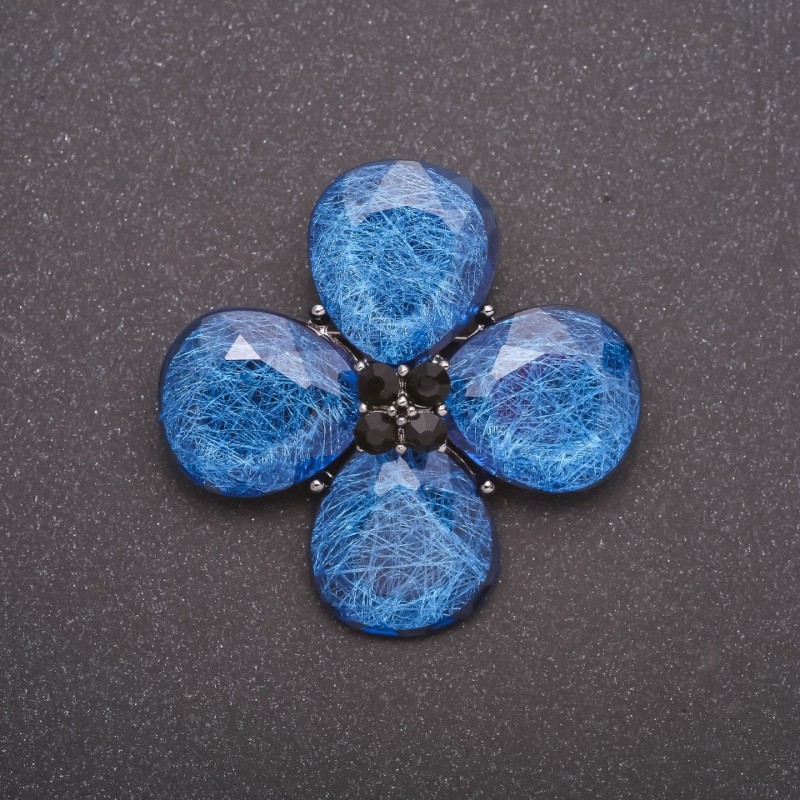 Four-Leaf Clover Brooch with Blue Aquarium Effect, Grey Metal, 37x45mm