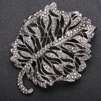 Leaf Brooch with Dark Rhinestones, Dark Silver Metal Colour, 58x72mm