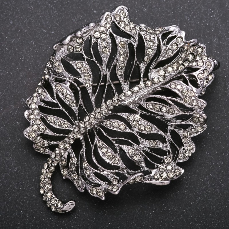 Leaf Brooch with Dark Rhinestones, Dark Silver Metal Colour, 58x72mm