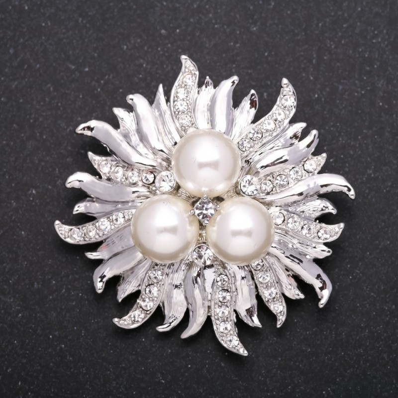 Pearl Flower Brooch, White Silver Colour, 50mm