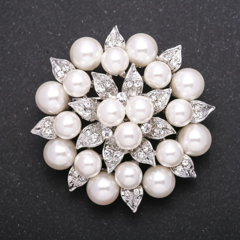 Pearl Flower Brooch, "White Silver" Colour, 55mm