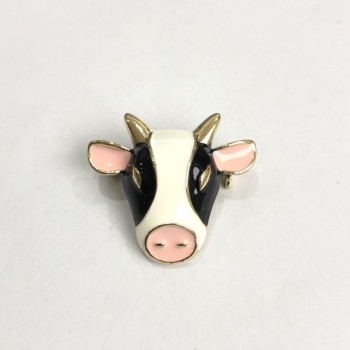 Bull Head Brooch with Enamel, Gold-Tone Metal, 25x28mm