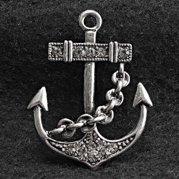 Anchor Brooch Silver-Tone Metal & Rhinestones 40x30mm +