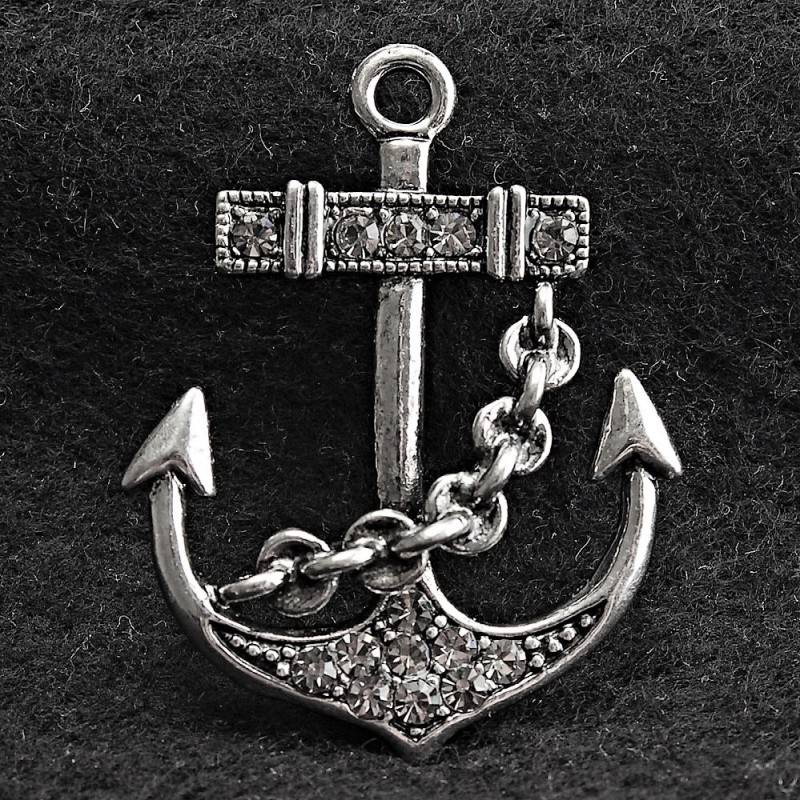 Anchor Brooch Silver-Tone Metal & Rhinestones 40x30mm +