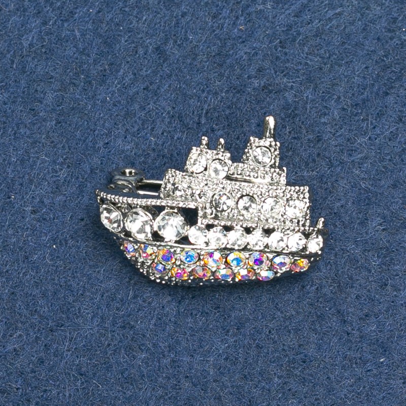 Ship Brooch Dark Silver-Tone Metal & Rhinestones 20x28mm +