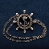 Ship's Wheel Brooch with Chain, Silver-Tone Metal 30mm +