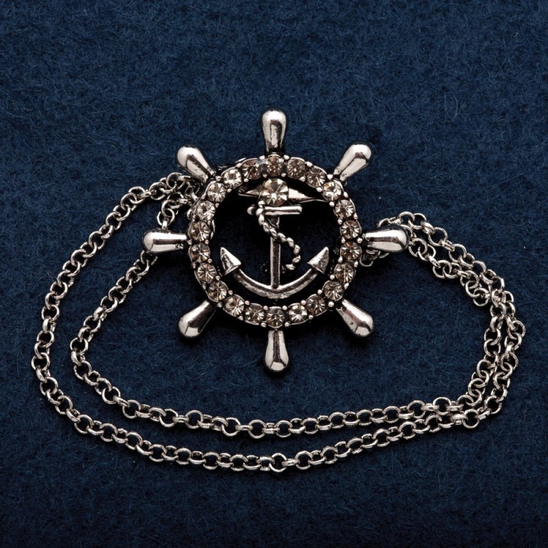 Ship's Wheel Brooch with Chain, Silver-Tone Metal 30mm +