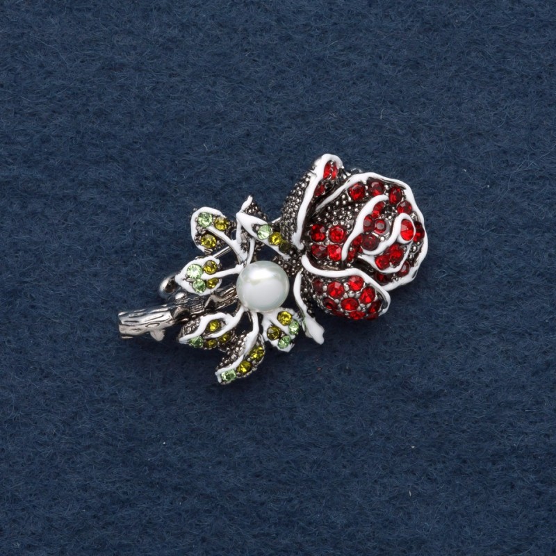 Rose Brooch 4x2.5cm, Rhinestones, Enamel, Grey Metal