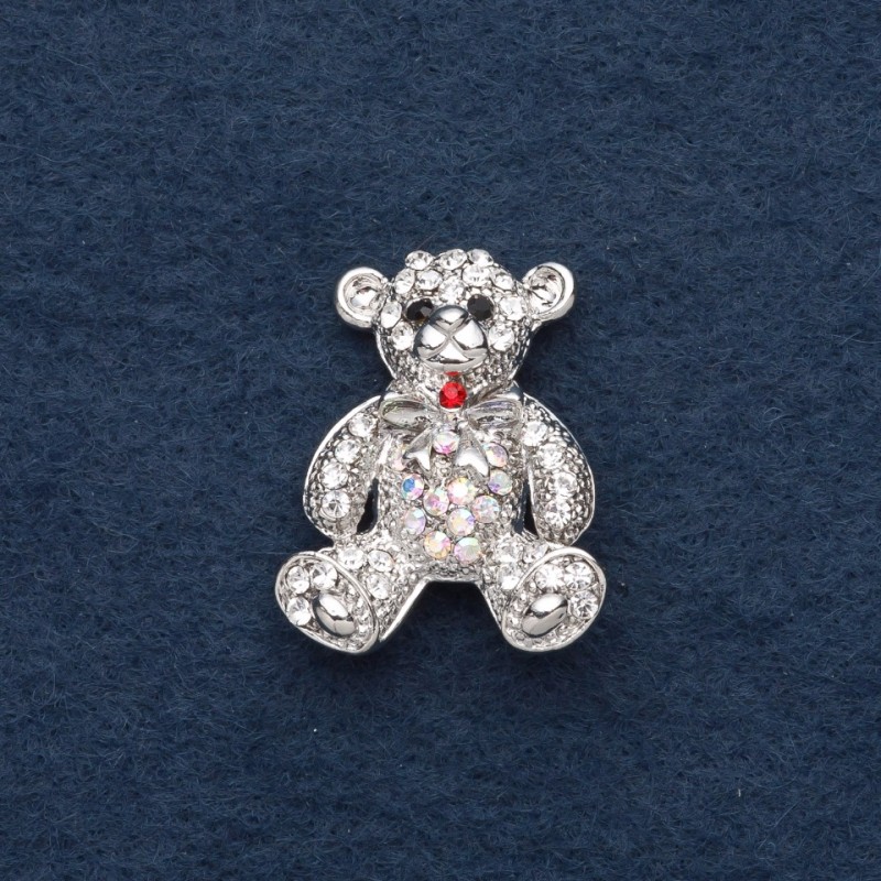 "Teddy Bear" Brooch, 3x2cm, Grey Metal, Chameleon Rhinestones